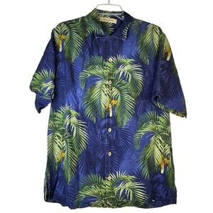 Tommy Bahama Mens Silk Palm Tree Button Up Shirt Large Blue Aloha Tropical